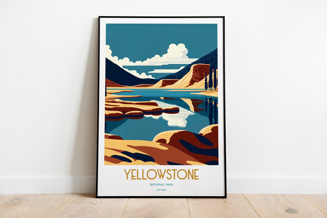 Yellowstone National Park Rocky Lakeshore Gold Vintage Travel Poster