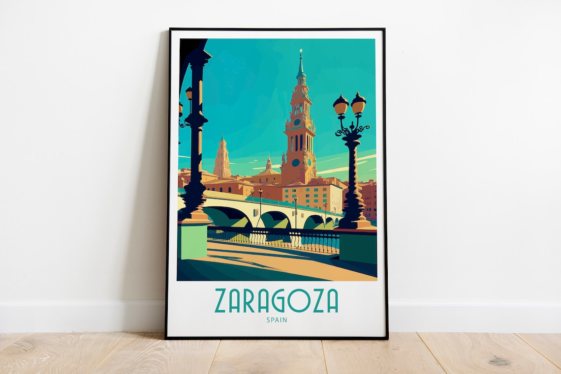 Zaragoza Spain Cathedral Bridge Golden Hour Retro Travel Poster