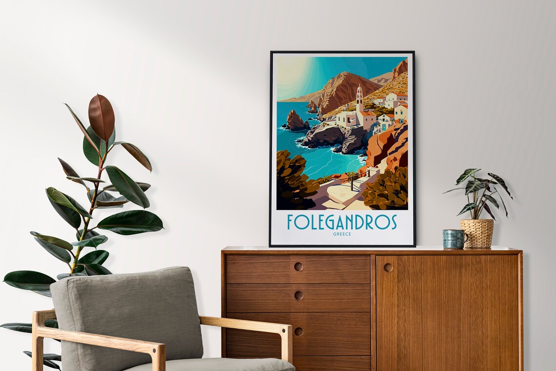 Folegandros Greece Rocky Cliffside Church Retro Travel Art Poster - Image 3