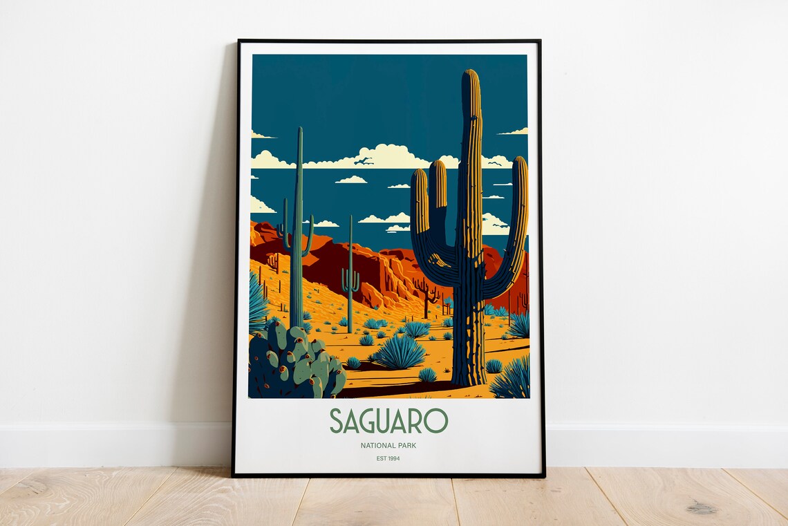 Colorful Saguaro National Park Retro Travel Illustration Poster for Home