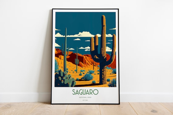 Colorful Saguaro National Park Retro Travel Illustration Poster for Home