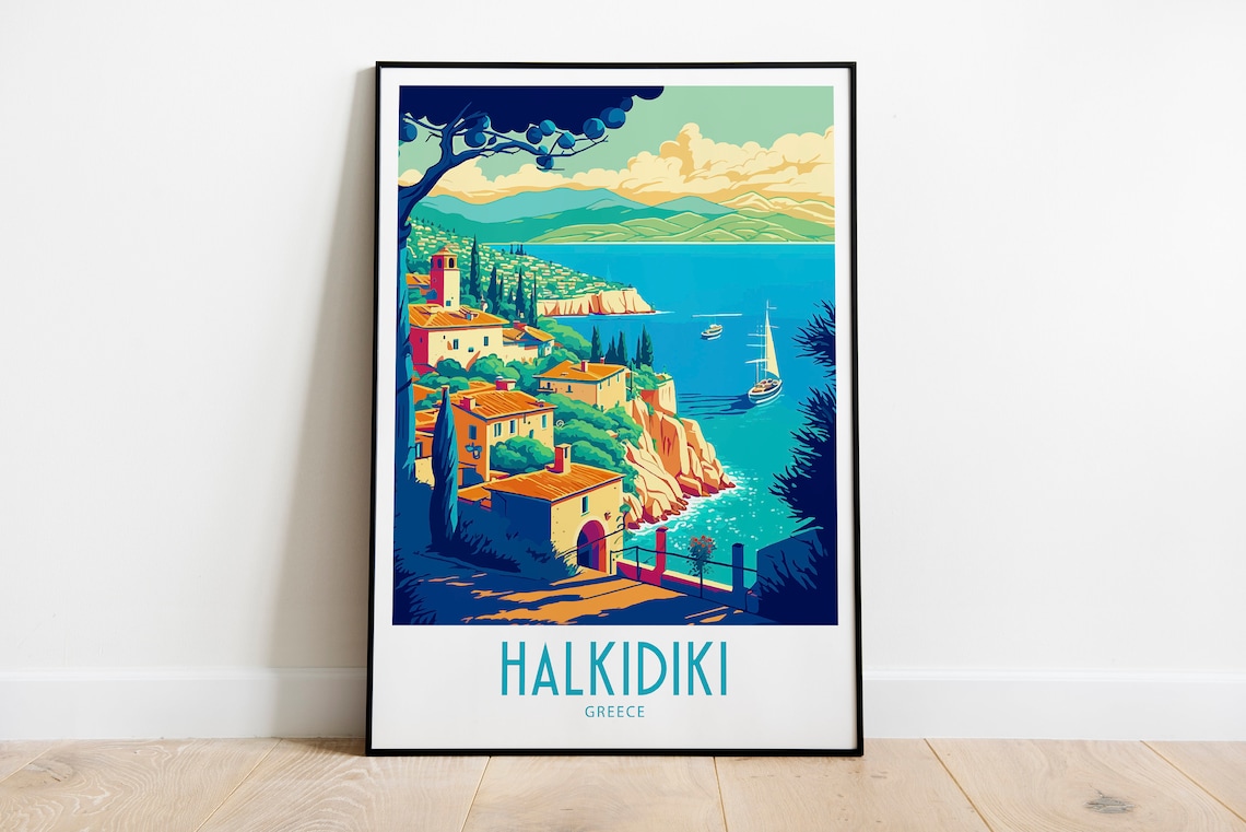 Halkidiki Greece Coastal Village Sailboat Retro Travel Poster