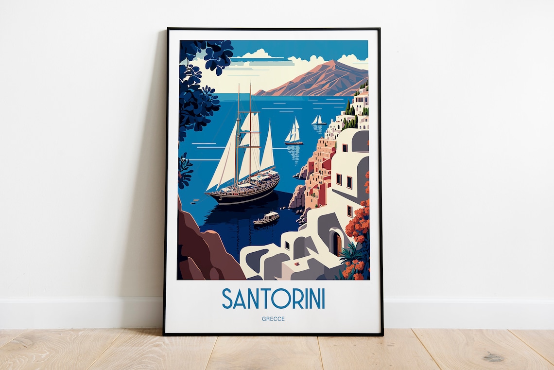 Santorini Greece White Cliffside Houses Sailboat Vintage Travel Poster