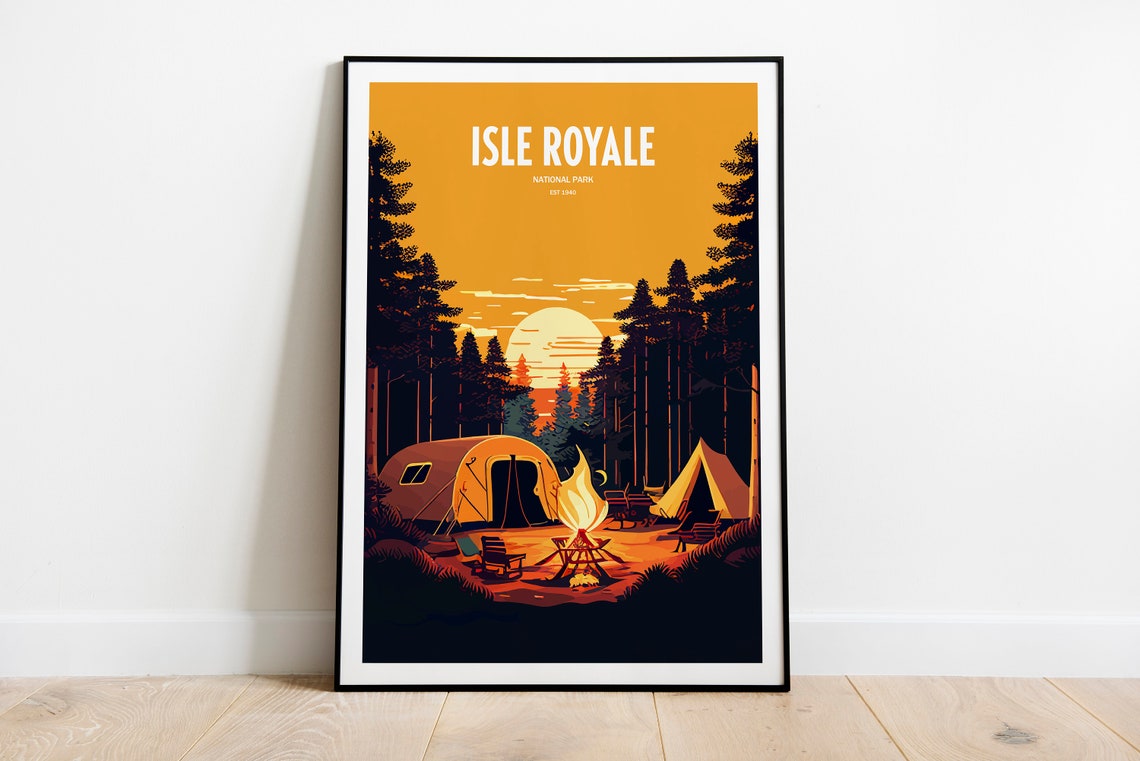 Isle Royale National Park Campfire Sunset Retro Travel Poster