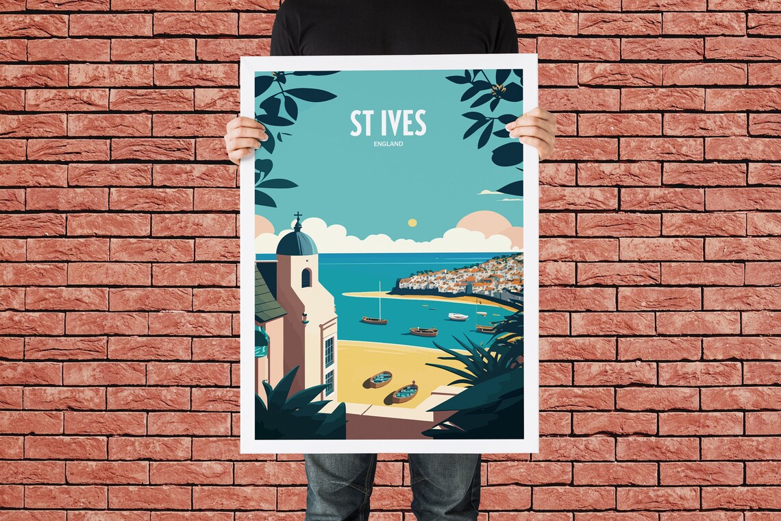 St Ives England Old Harbor Church Tower Beach Vintage Travel Poster - Image 3