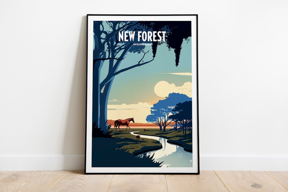 New Forest National Park Sunset Horses Vintage Travel Poster