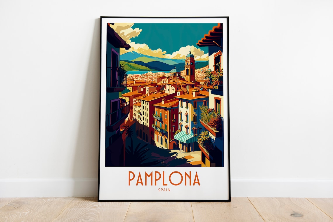 Pamplona Spain Old Town Rooftops Church Towers Travel Poster