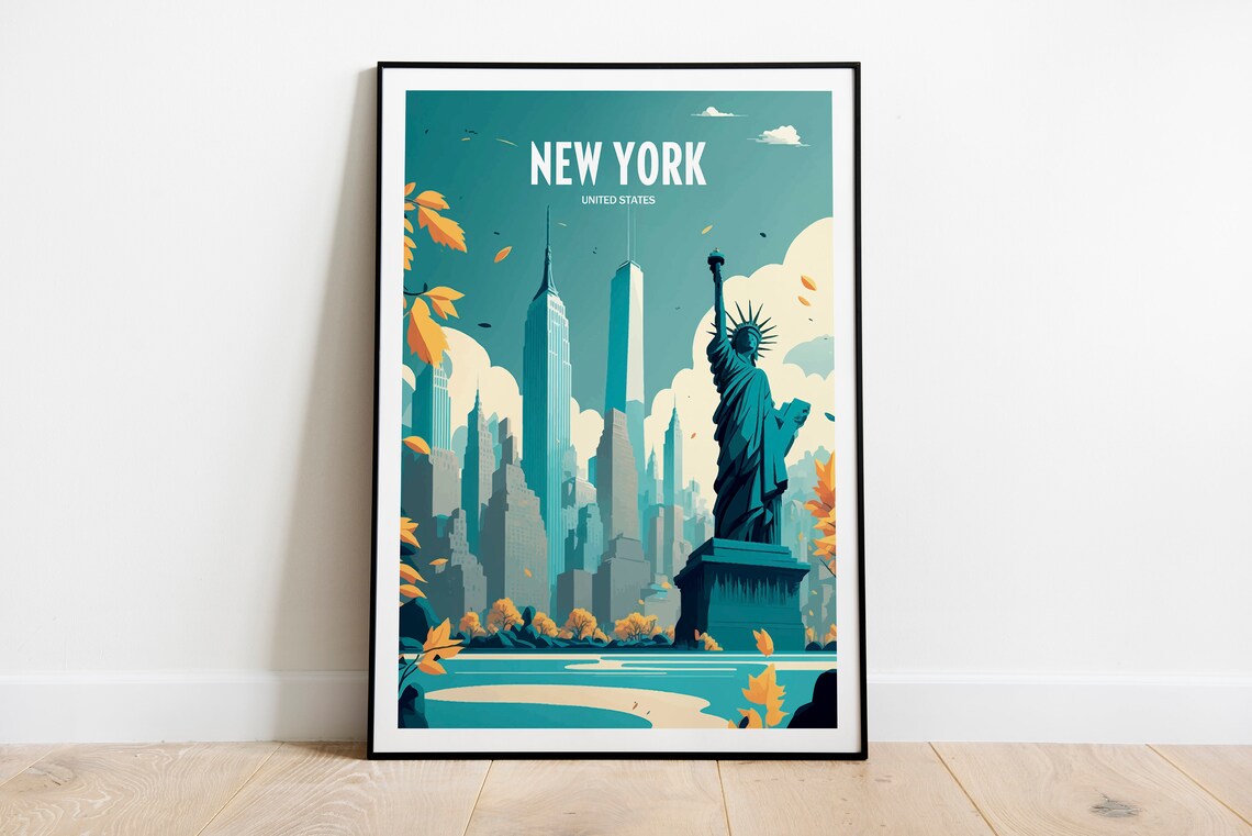 New York Statue Of Liberty Skyline Autumn Vintage Travel Poster