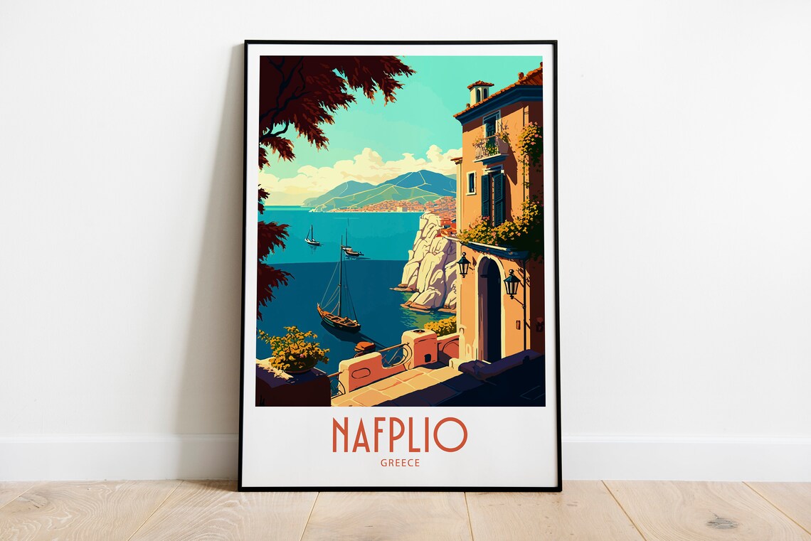 Nafplio Greece Cliffside Terrace Sailboat Retro Travel Poster