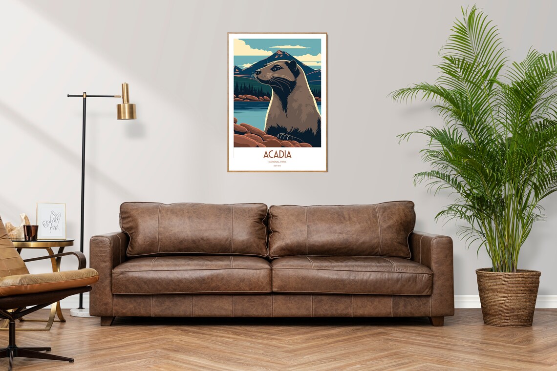 Acadia National Park Otter Poster Rocky Shore Maine Wildlife Travel Art - Image 3
