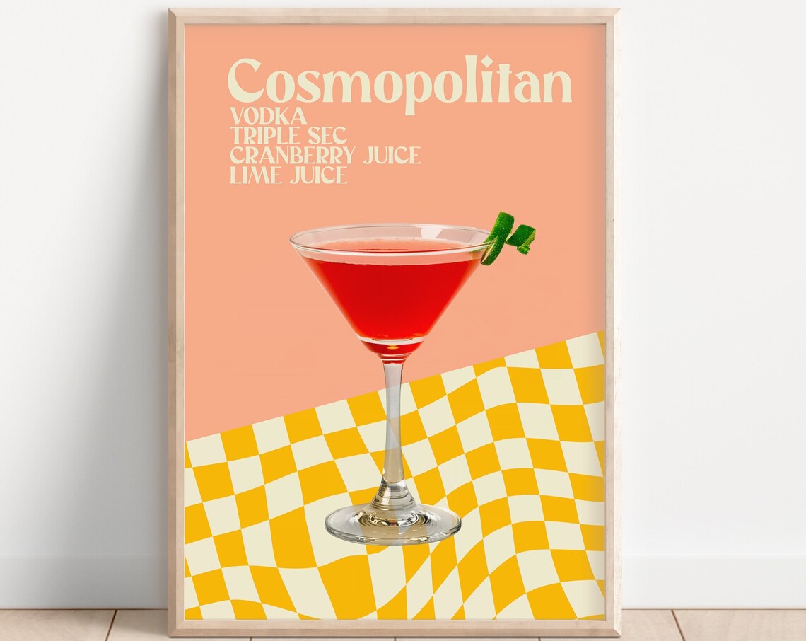 Cosmopolitan Cocktail Recipe Retro Martini Bar Cart Kitchen Poster