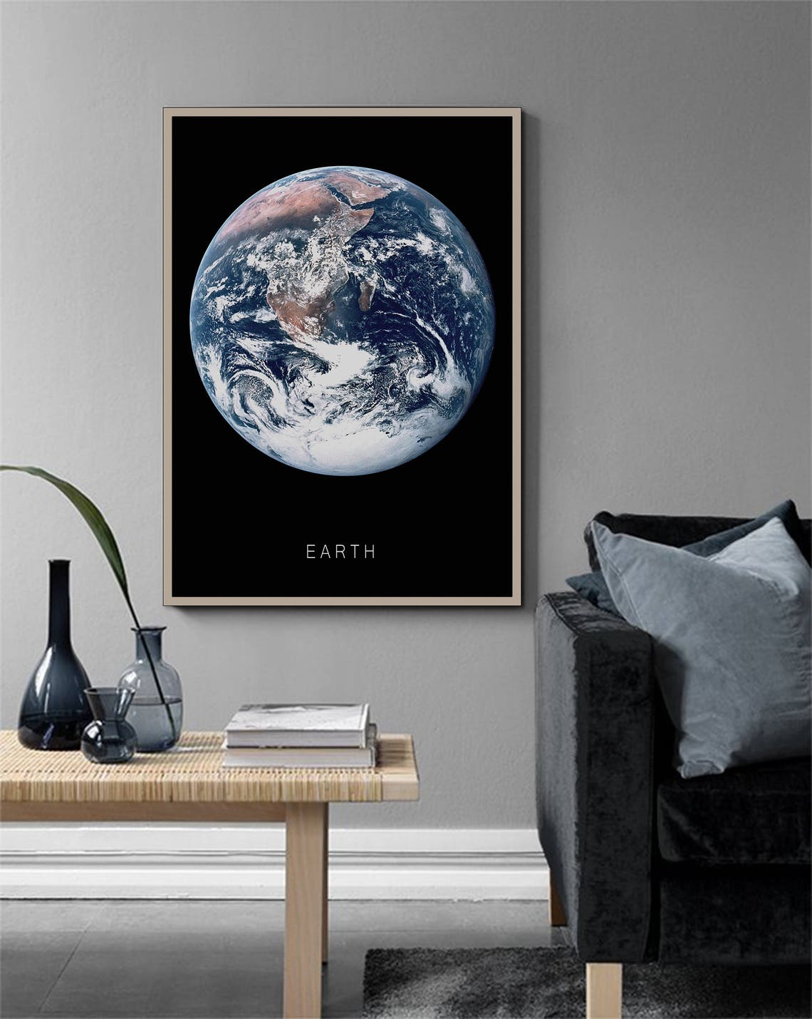 Earth From Space Planet Minimalist Black Background Wall Print - Image 3