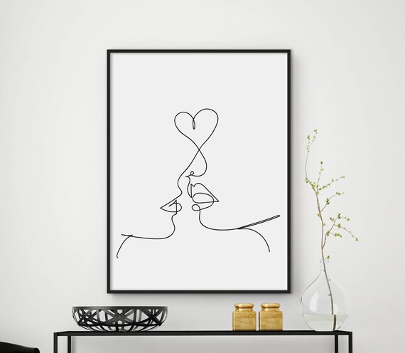 Romantic Kiss Single Line Drawing Minimalist Face Art Love Poster