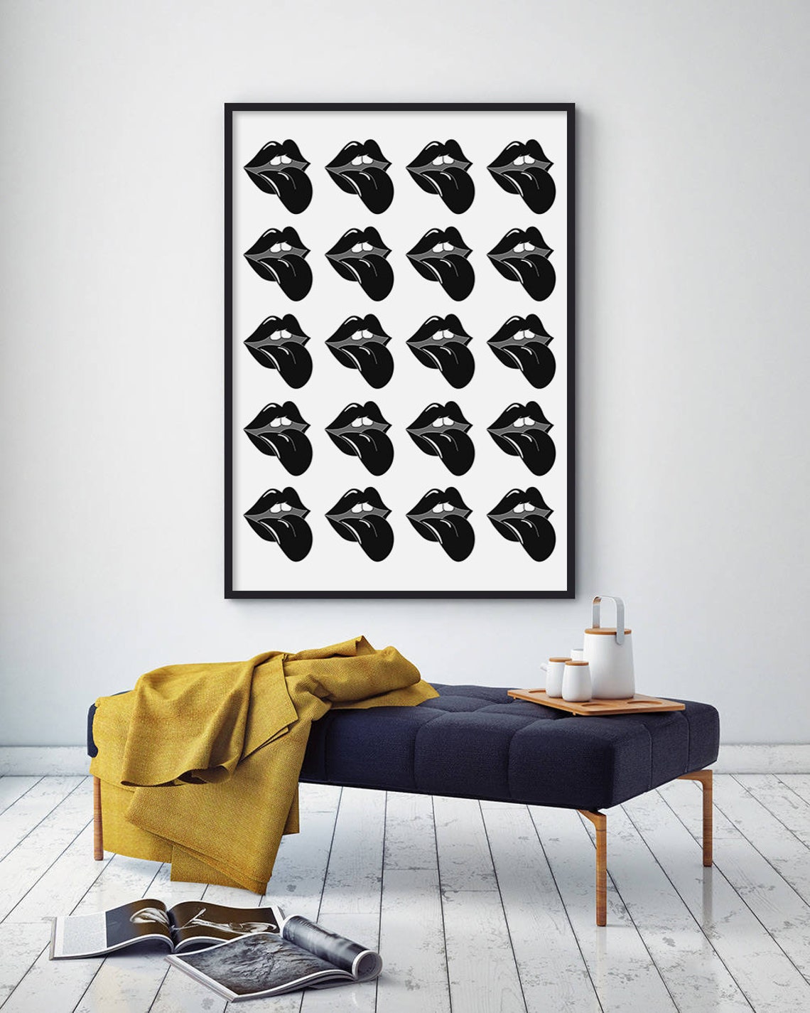 Black and White Rolling Lips Tongue Grid Pop Art Fashion Poster - Image 3