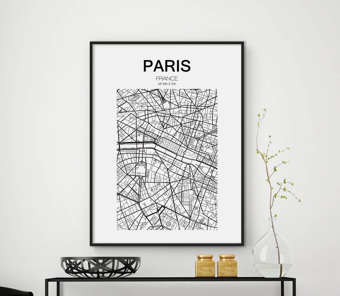 Paris France Boulevards Seine River Street Map Monochrome Poster