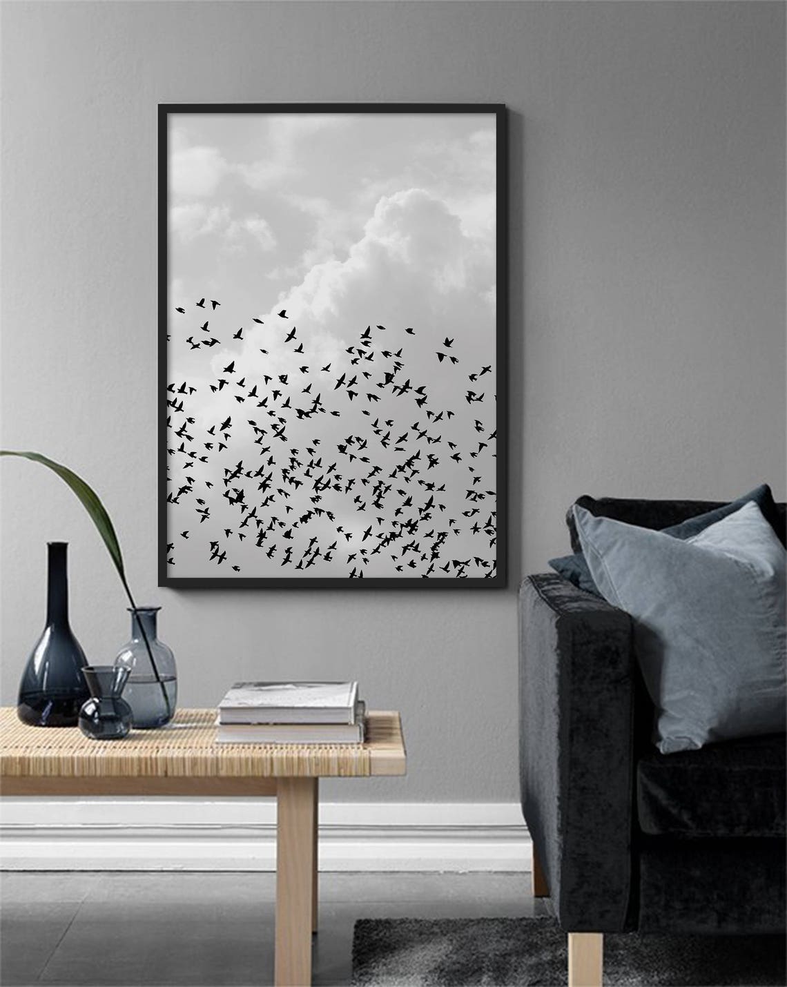 Flying Birds Flock Black And White Dramatic Cloudy Sky Nature Poster - Image 2