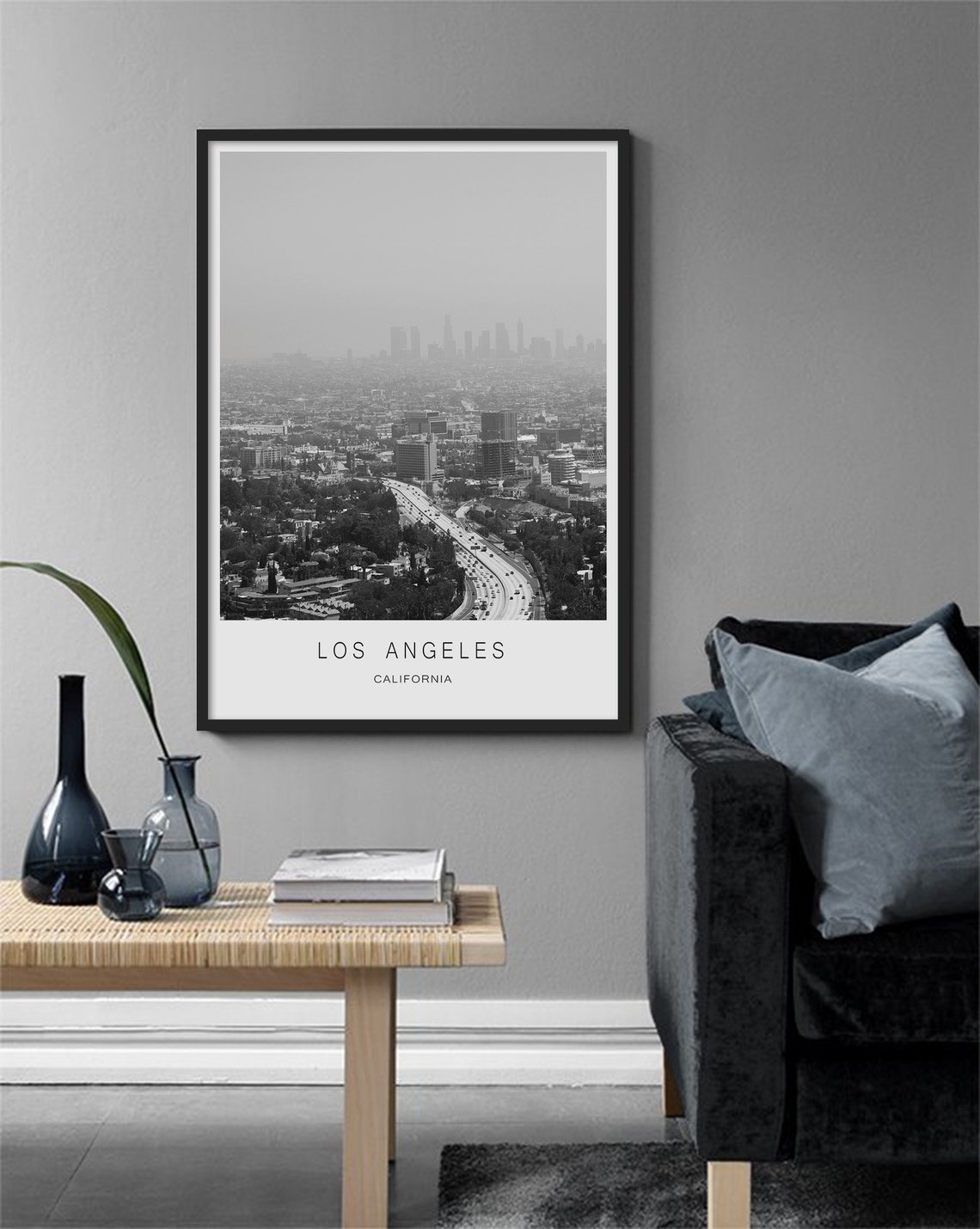 Los Angeles California Downtown Skyline Hazy Black White Aerial Poster - Image 2