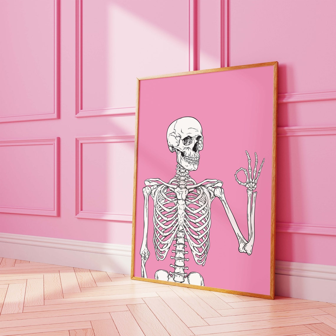 Funny Skeleton OK Hand Gesture Pink Background Line Art Poster - Image 4
