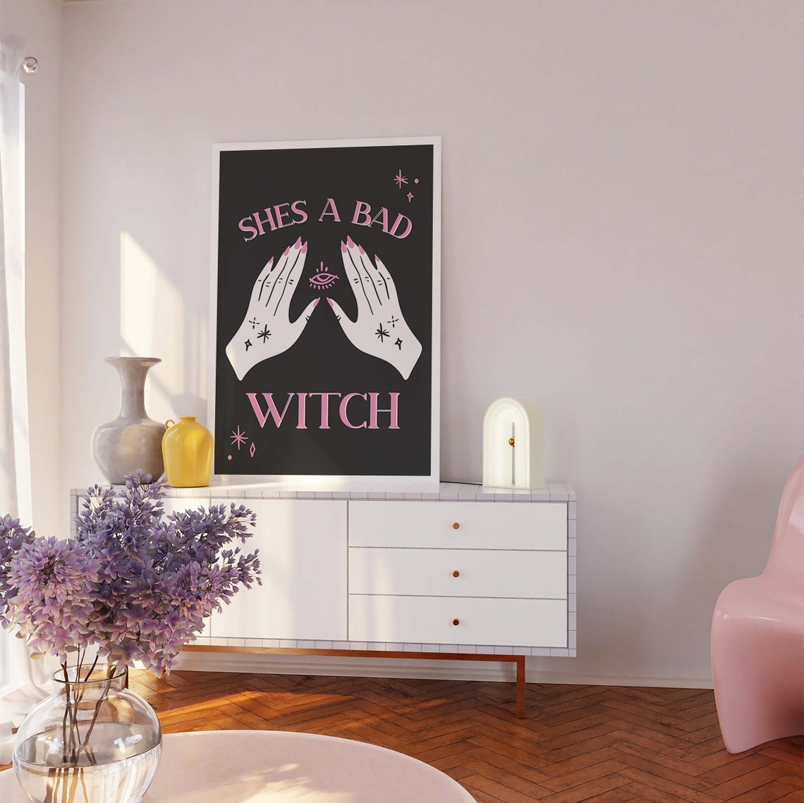 Shes A Bad Witch Hands Evil Eye Pink on Black Gothic Wall Art - Image 5