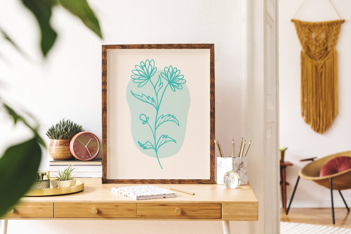 Teal Daisy Line Art Poster with Aqua Floral Drawing on Soft Blob - Image 4