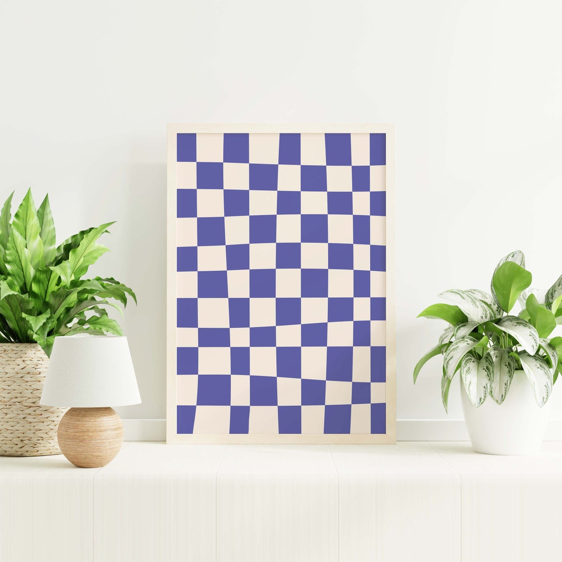 Blue And White Abstract Print Art Trendy Checkered Print 70s Retro Art Cute Trendy Wall Art - Image 5