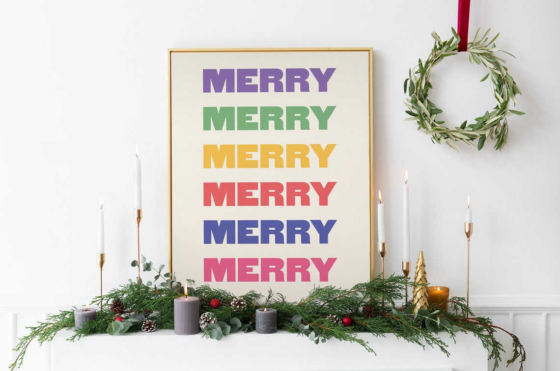Colorful Merry Christmas Print Art Colorful Christmas Decor Cute Holiday Wall Art - Image 3