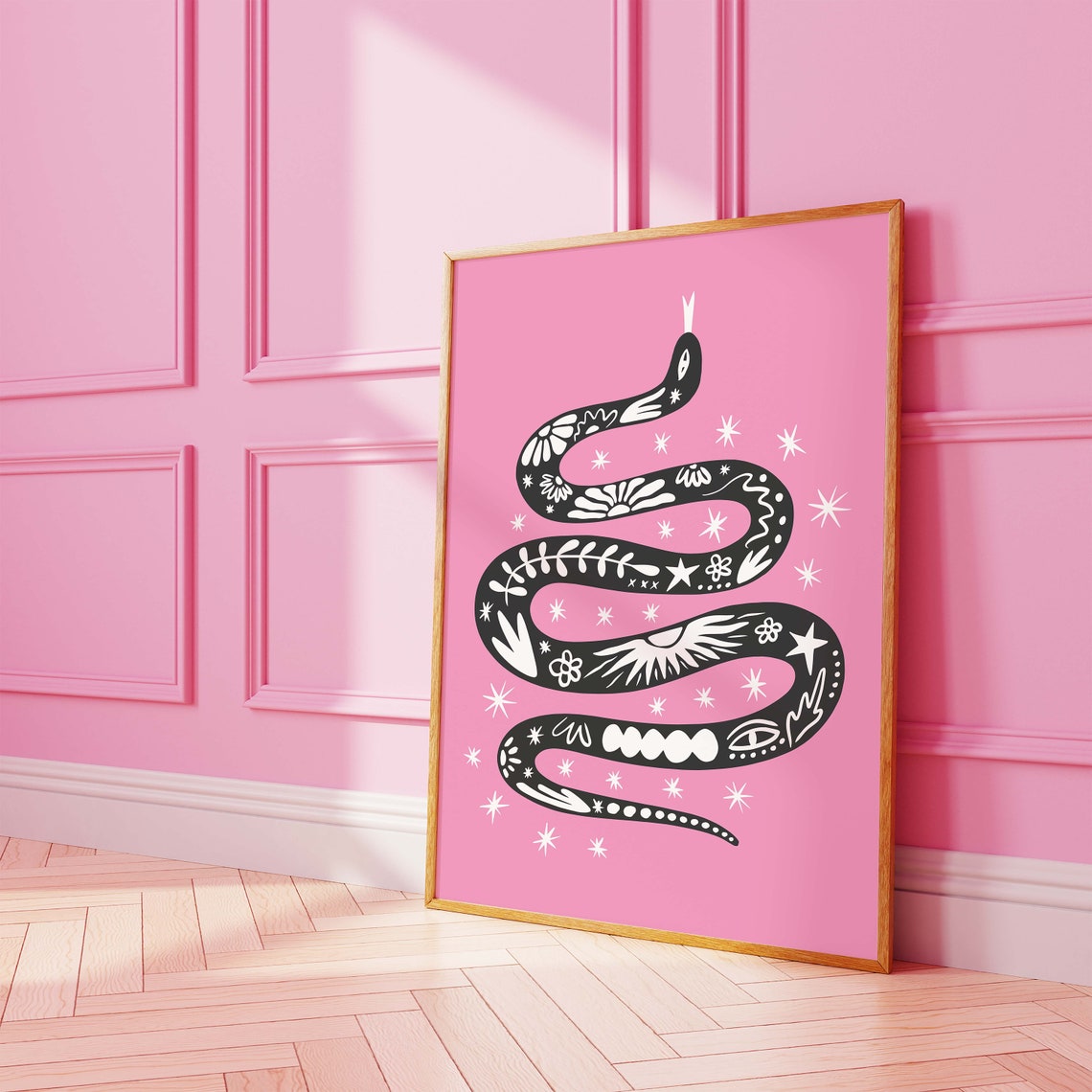 Boho Tattoo Snake Black Illustration Pink Starry Moon Art Print - Image 3
