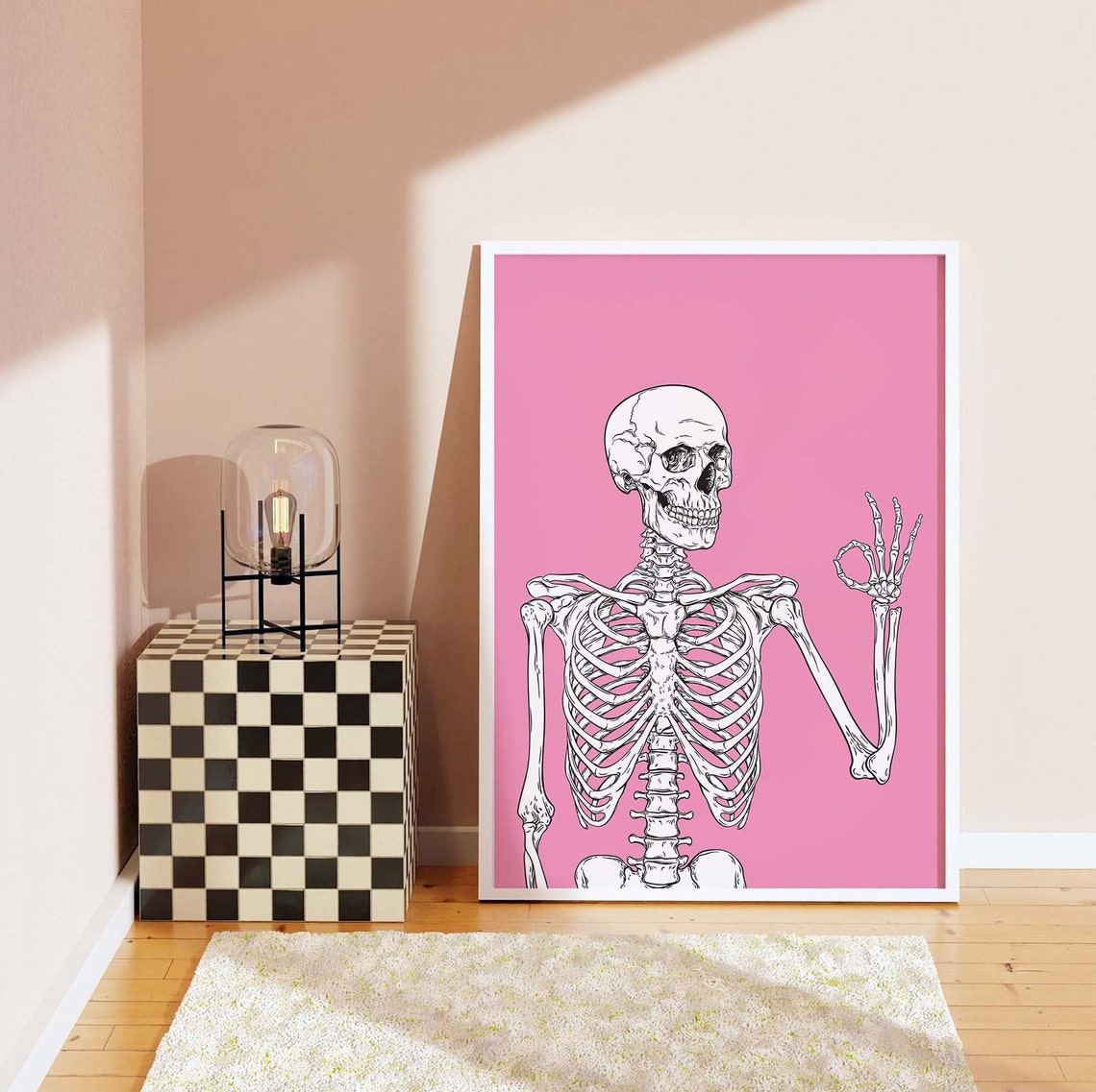 Funny Skeleton OK Hand Gesture Pink Background Line Art Poster - Image 7