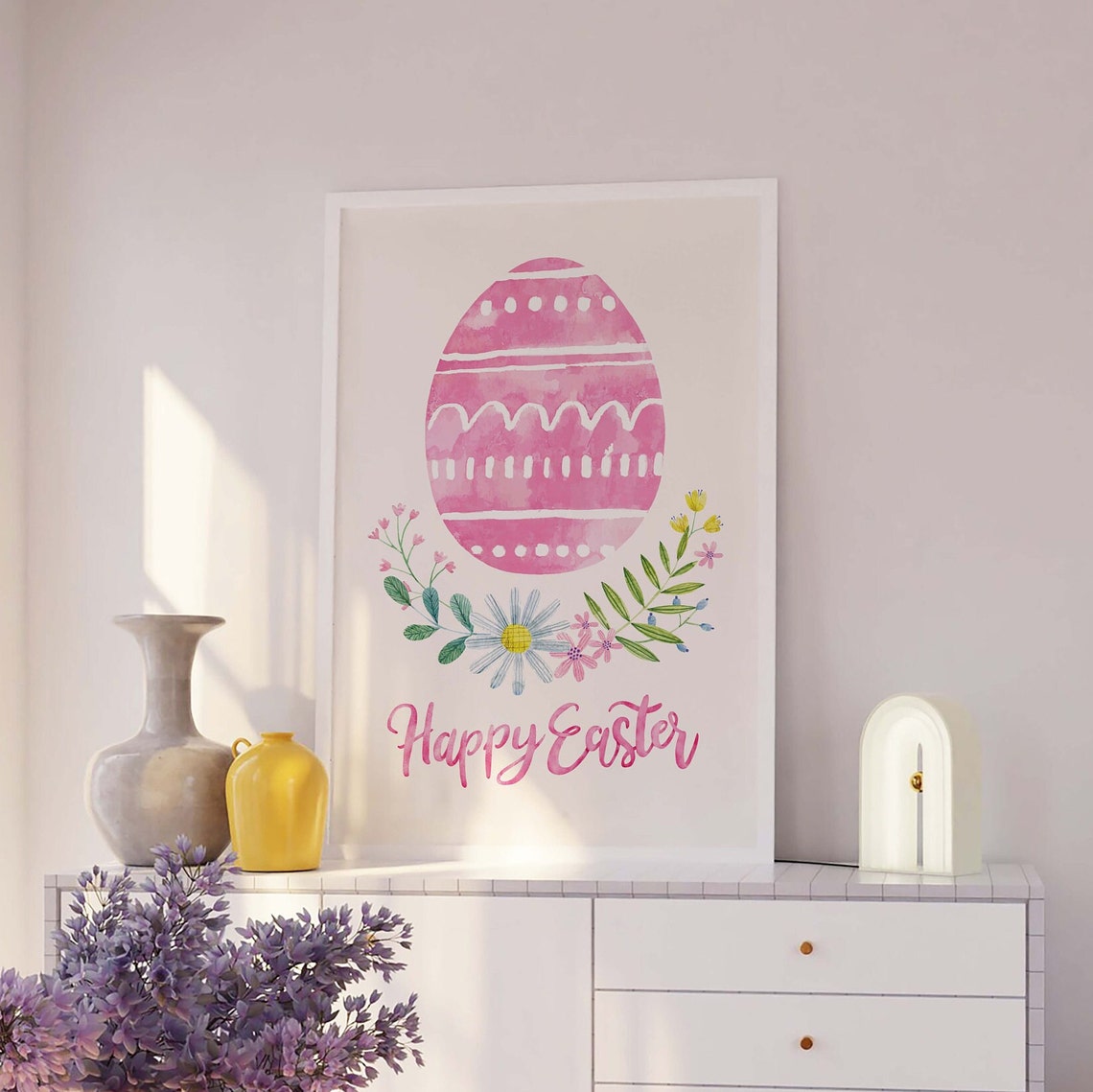 Happy Easter Print Art Cute Floral Art Print Pastel Easter Egg Wall Art Trendy Easter Decor Spring Wall Decor - Image 2