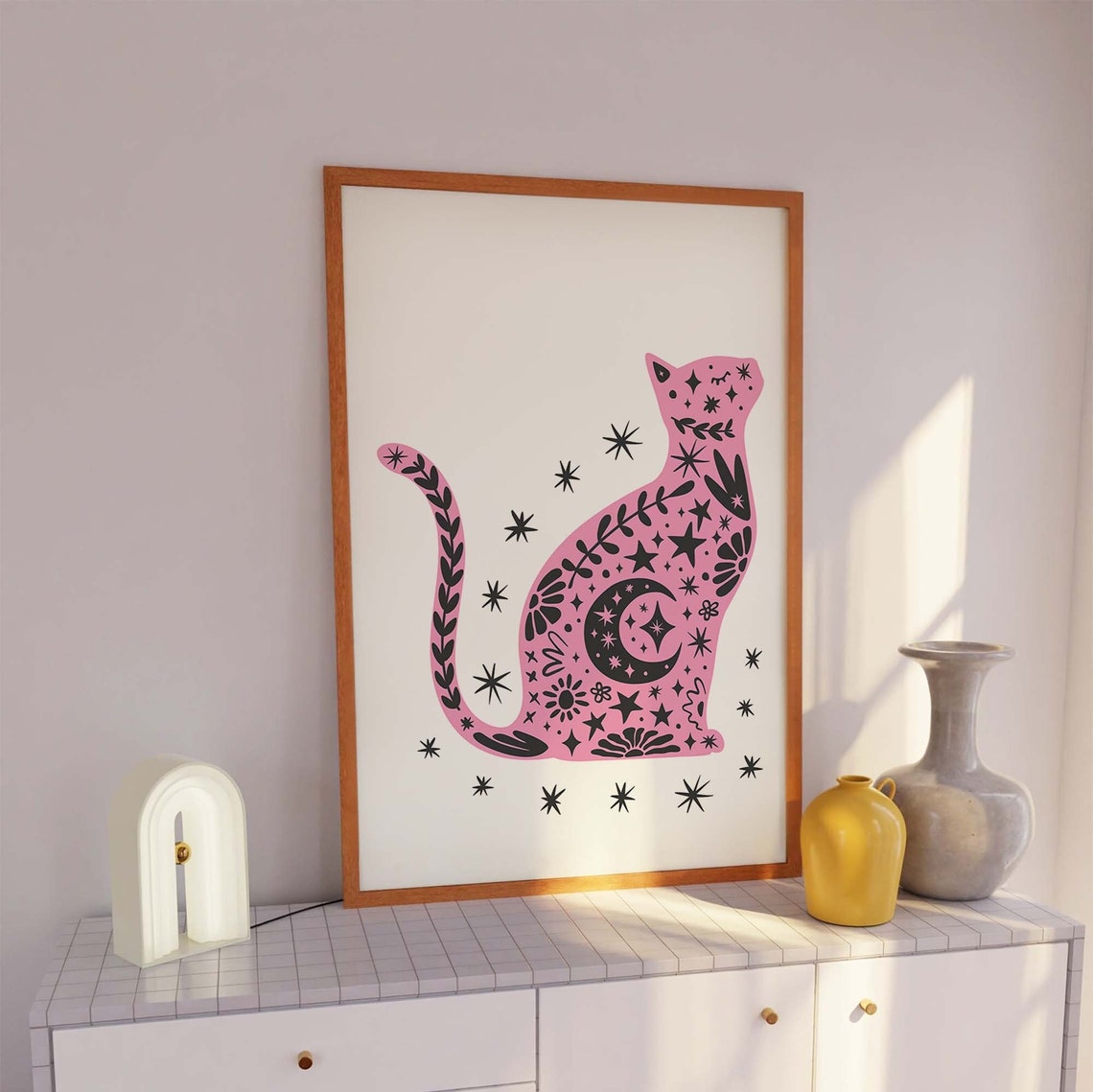 Pink Celestial Cat Stars Moon Halloween Spooky Cute Wall Poster - Image 3