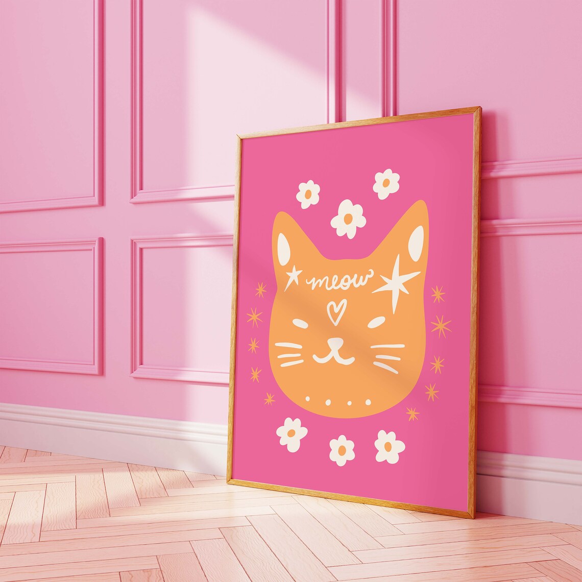 Pink Cat Face Meow Retro Kitty With Flowers And Stars Wall Print - Image 2