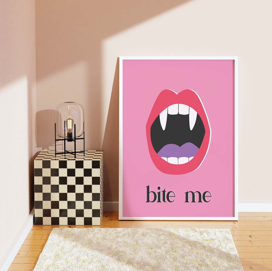 Bite Me Vampire Fangs Red Lips Pop Art Pink Halloween Wall Art - Image 7
