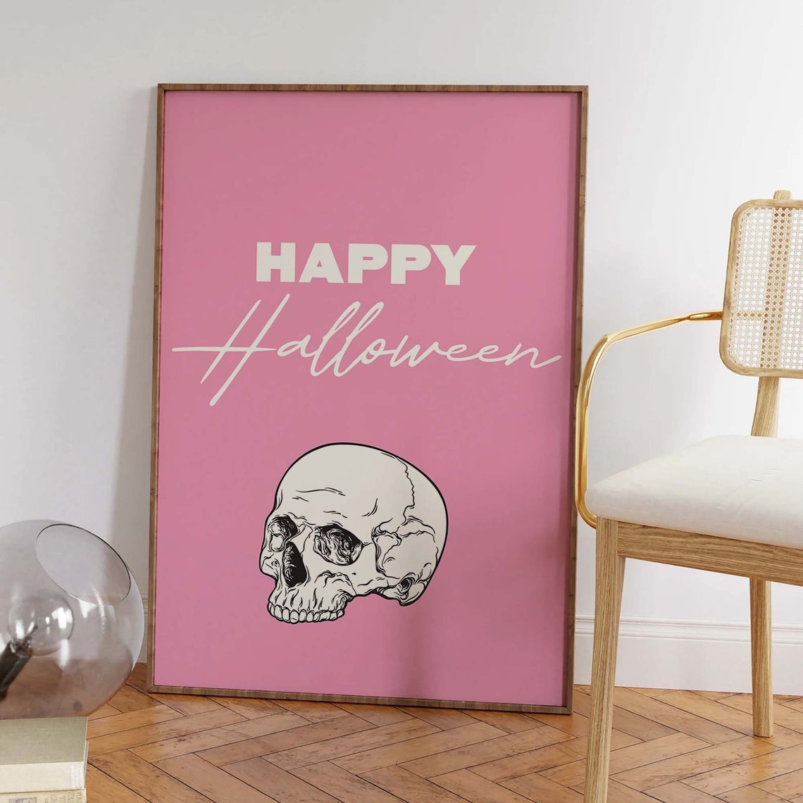 Happy Halloween Skull Script Lettering Pink Gothic Style Wall Art - Image 6