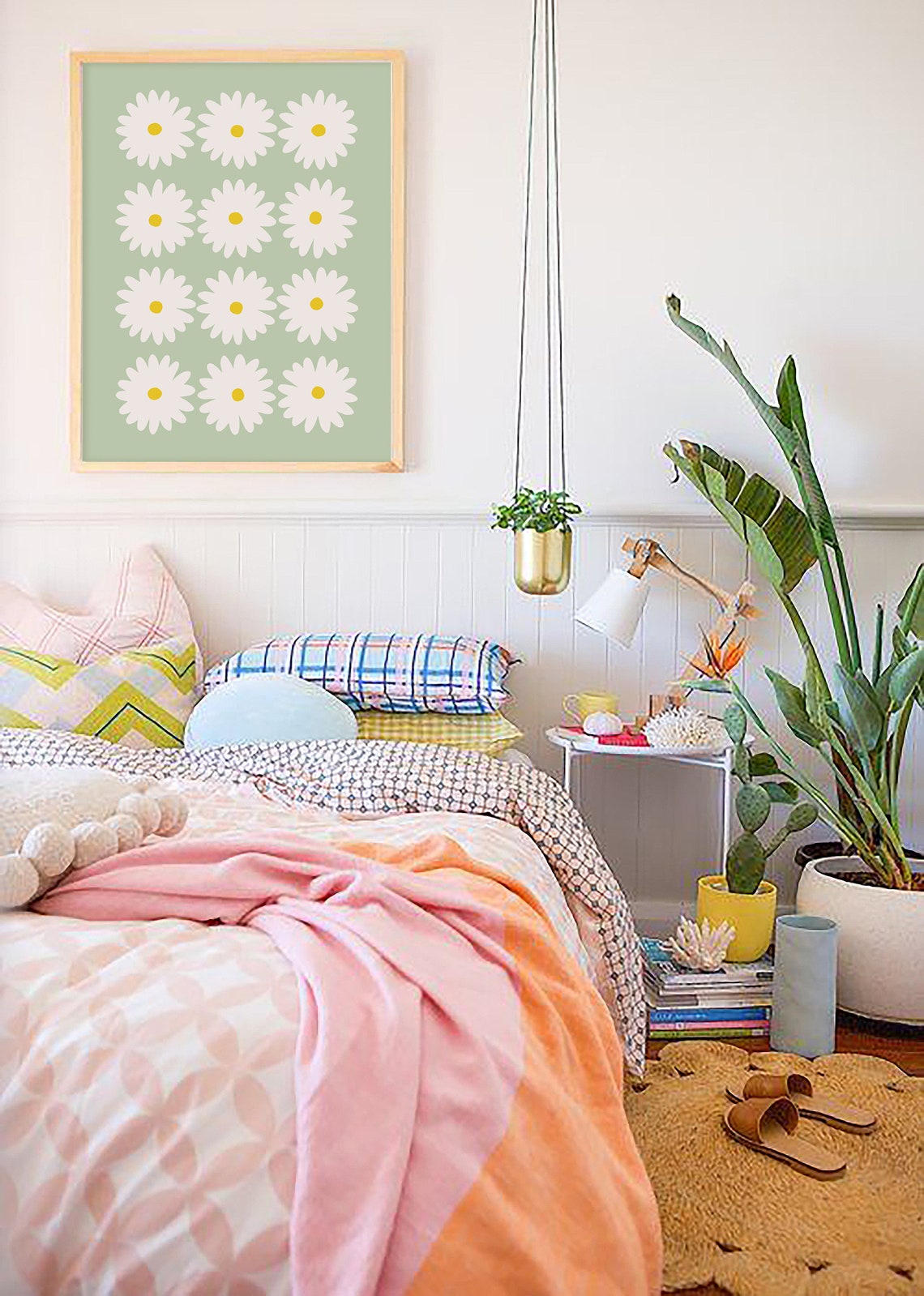 Sage Green Daisy Grid Poster with Twelve White Retro Flower Heads - Image 5