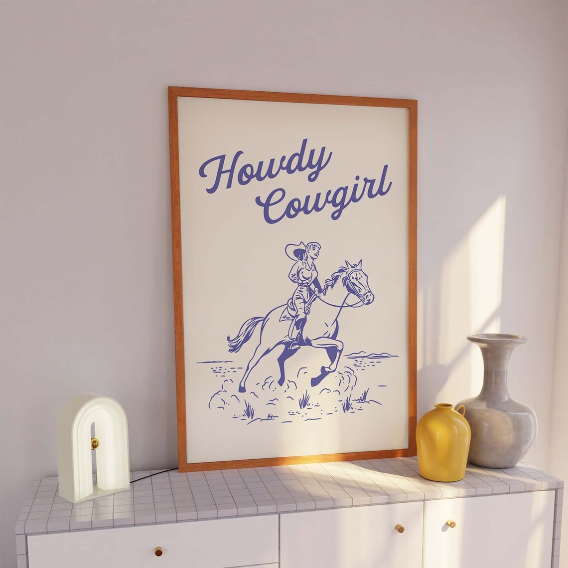 Howdy Cowgirl Blue Horseback Rider Retro Western Style Wall Art - Image 6