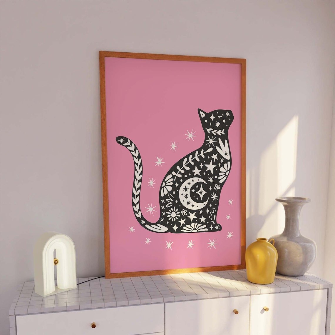 Black Celestial Cat Pink Background Halloween Spooky Cute Poster - Image 4
