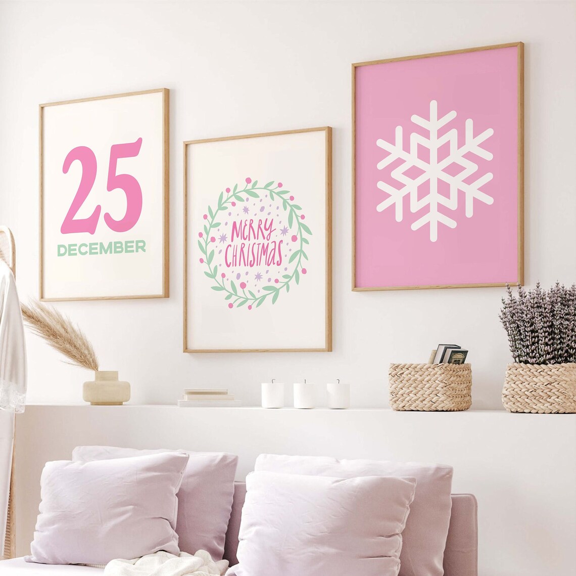 Pastel Pink Christmas Gallery Wall Set 8 Holiday Poster Collection - Image 2