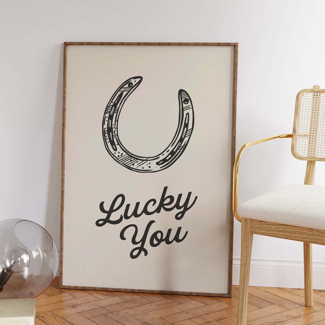 Lucky You Horseshoe Black Line Art Western Good Luck Script Poster - Image 3