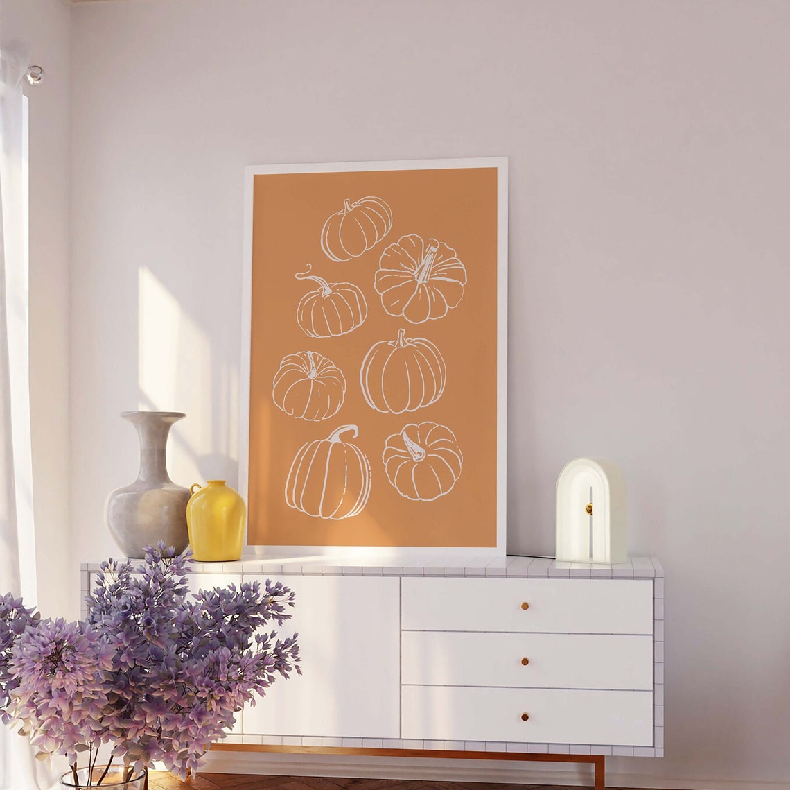 Pumpkins White Line Art Orange Rustic Fall Wall Decor Poster - Image 3