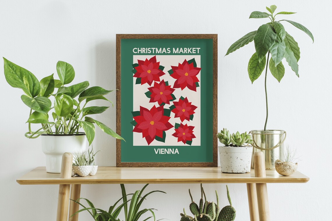 Vienna Christmas Market Red Poinsettia Holiday Travel Poster - Image 3