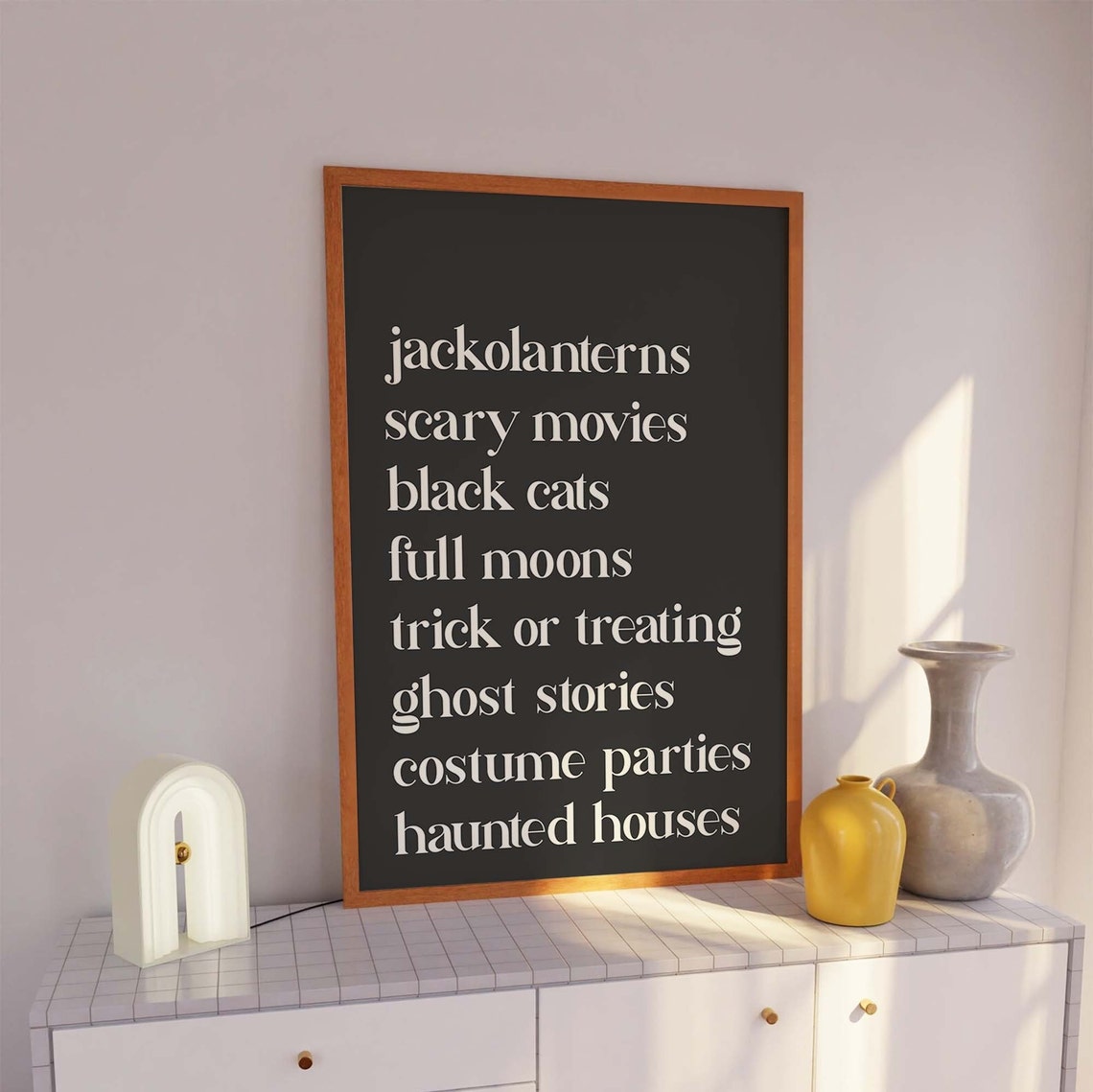 Halloween Things Word List Black Cats Full Moon Black Wall Art - Image 3
