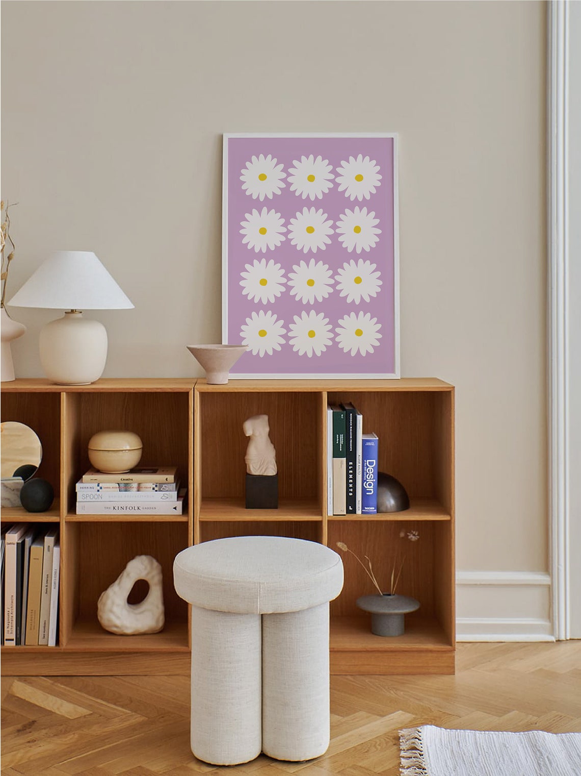 White Daisy Flower Grid Lavender Purple Botanical Minimal Poster - Image 3