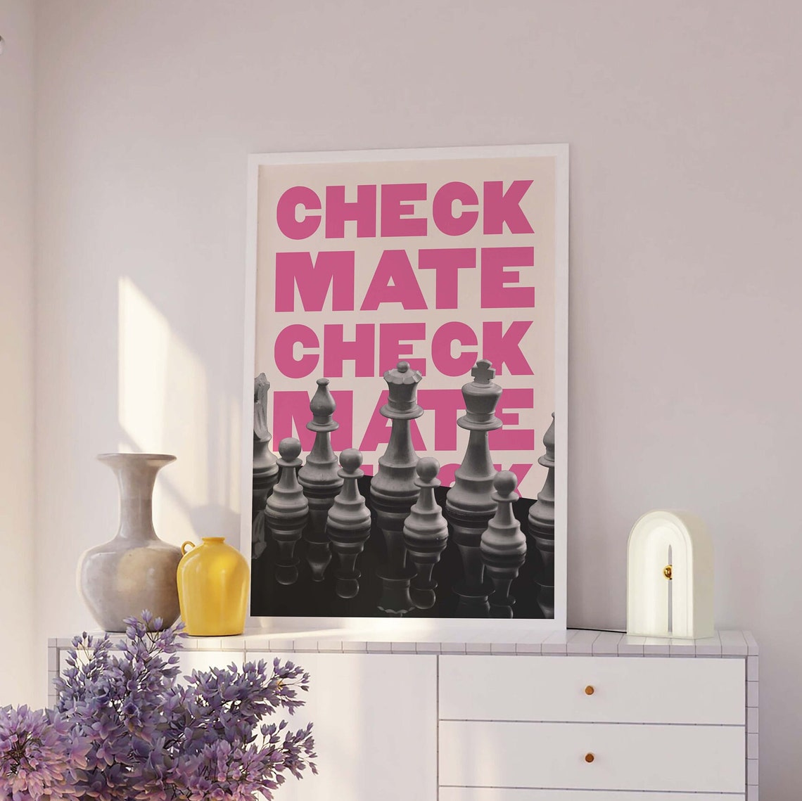 Checkmate Pink Bold Chess Pieces Black White Retro Trendy Decor Poster - Image 4