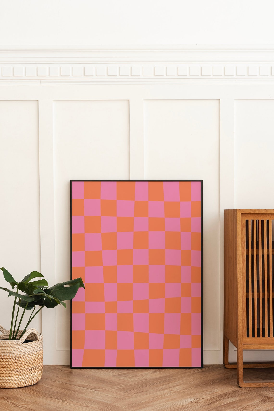 Pink And Orange Abstract Print Art Trendy Checkered Print 70s Retro Art Cute Trendy Wall Art - Image 3