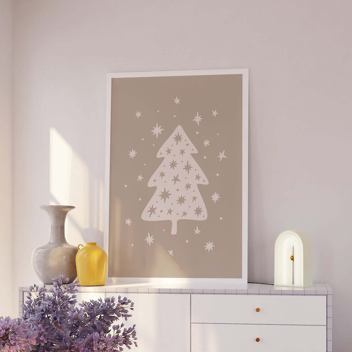 White Christmas Tree on Beige Cute Starry Neutral Holiday Poster - Image 2
