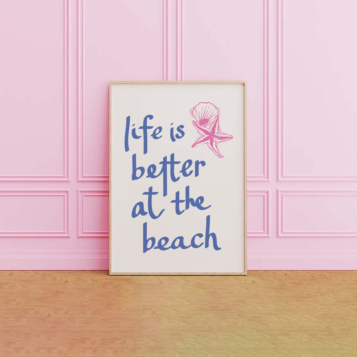 Life Is Better At The Beach Quote Blue Pink Shell Star Poster - Image 3
