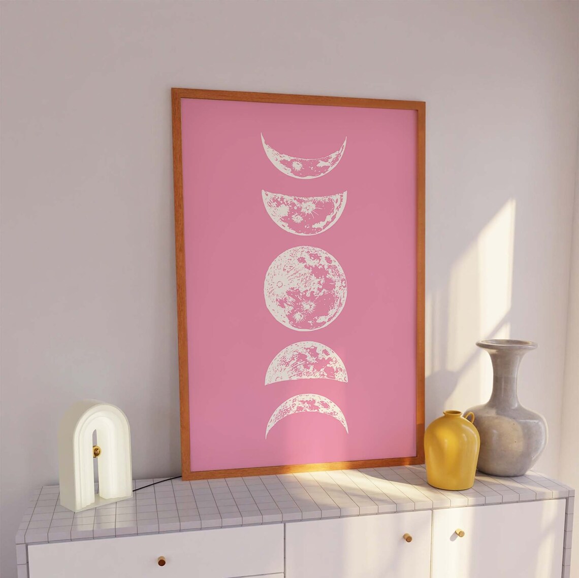 Moon Phases Column Pink Background Vintage Astronomy Art Poster - Image 3