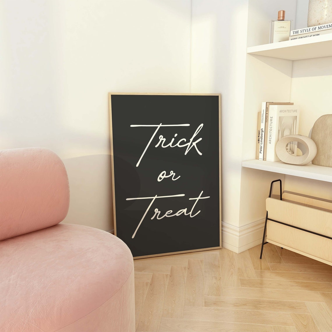 Trick Or Treat Script Lettering White on Black Halloween Wall Art - Image 4