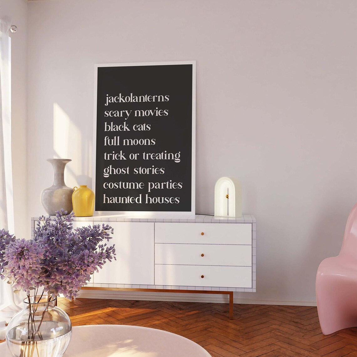 Halloween Things Word List Black Cats Full Moon Black Wall Art - Image 5