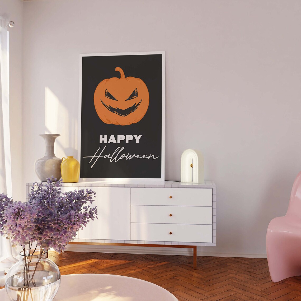 Happy Halloween Jack O Lantern Grinning Pumpkin Black Wall Art - Image 5